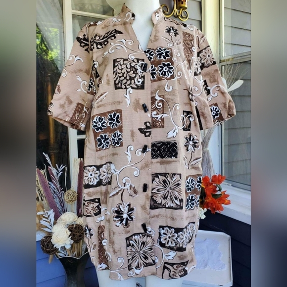 VTG Maggie Barnes Brown Tan Floral Two Fer Tunic Top Shirt Blouse - Picture 1 of 9
